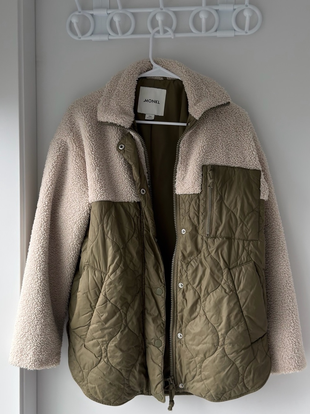Monki Two-Tone Quilted Puffer Jacket in Olive and Cream